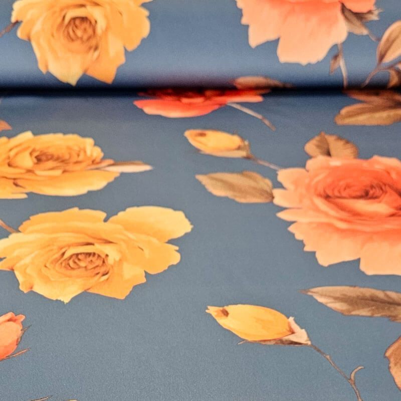 Tela de Satén Azul Índigo Estampado Rosas Naranjas (ancho 1,45M)