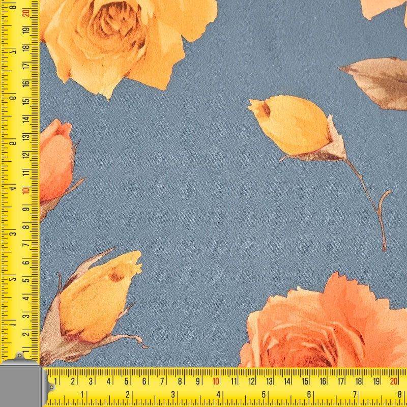 Tela de Satén Azul Índigo Estampado Rosas Naranjas (ancho 1,45M) - Imagen 4