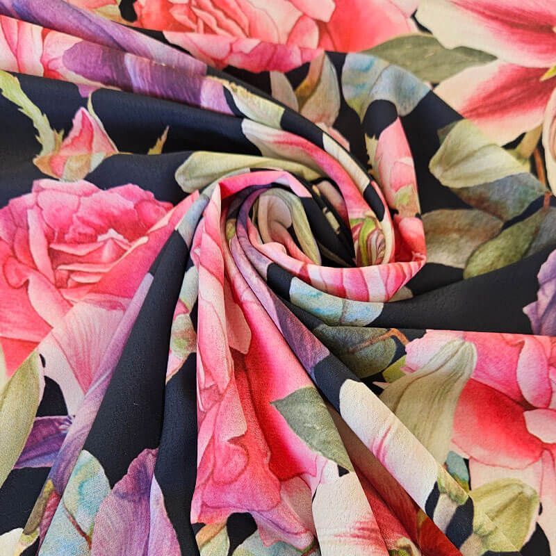 Tela de Crepe Fino Azul Marino Flores Grandes (ancho 1,50M) - Imagen 2