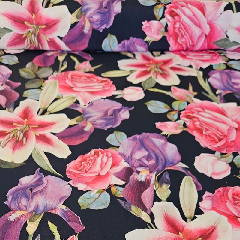 Tela de Crepe Fino Azul Marino Flores Grandes (ancho 1,50M)
