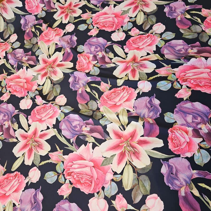 Tela de Crepe Fino Azul Marino Flores Grandes (ancho 1,50M) - Imagen 3