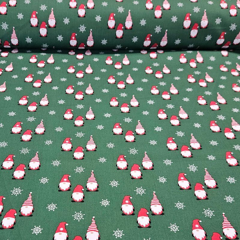 Tela de Popelín Algodón Verde Gnomos Navideños (ancho 1,50M)