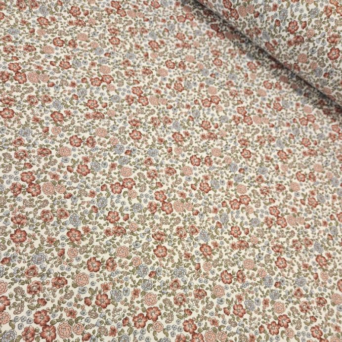 Tela de Sarga Blanco Roto Flores Teja y Azafata (ancho 1,50M) - Imagen 3
