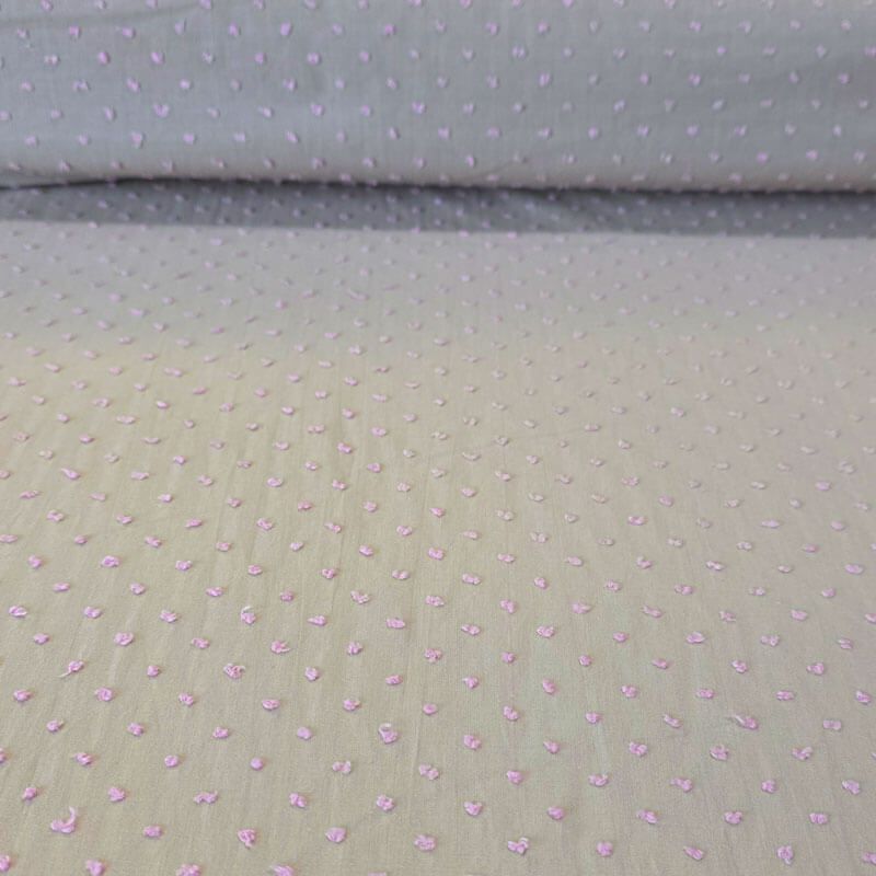 Tela de Batista Plumeti Bordado Fondo Beige Lunar Rosa (ancho 1,50M)