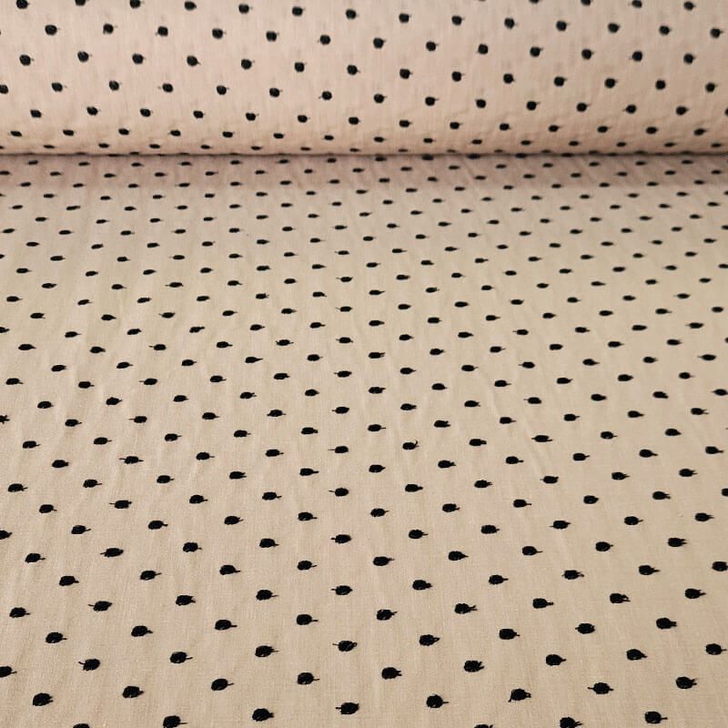 Tela de Popelín Beige Tostado Algodón Plumetis Lunares Negros Bordados (ancho 1,50M)