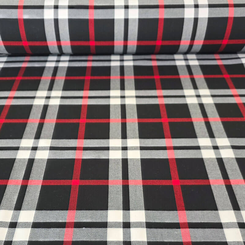 Tela de Sarga Negra Cuadro Escocés Blanco y Rojo (ancho 1,44M)