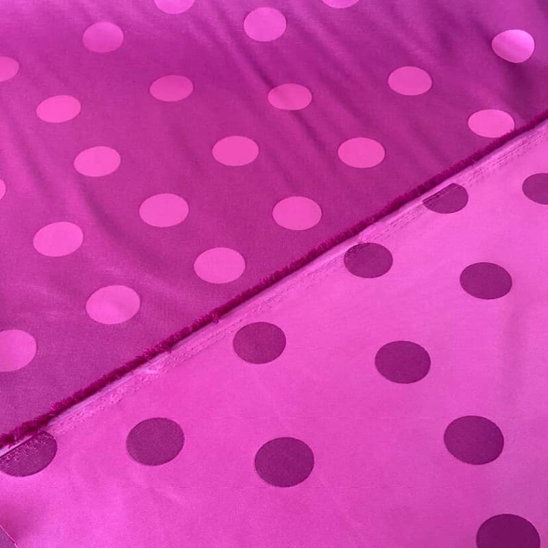 Tela de Satén Jacquard Bicolor Morado y Fucsia con Lunares 3cm Reversible (ancho 1,45M) - Imagen 3