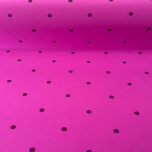 Tela Bielástica Fucsia con Lunares Más Separados en Negro de 1,5 cm (ancho 1,50M)