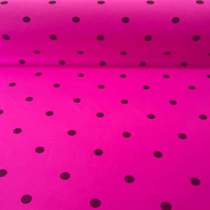 Tela Bielástica Fucsia con Lunares Negros de 1,5 cm (ancho 1,50M)