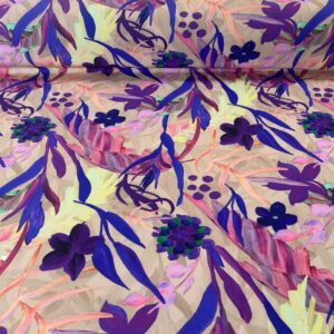 Tela Estampado Bielástico Fino Motivo Floral Morado Sobre Fondo Claro (ancho 1,50M)