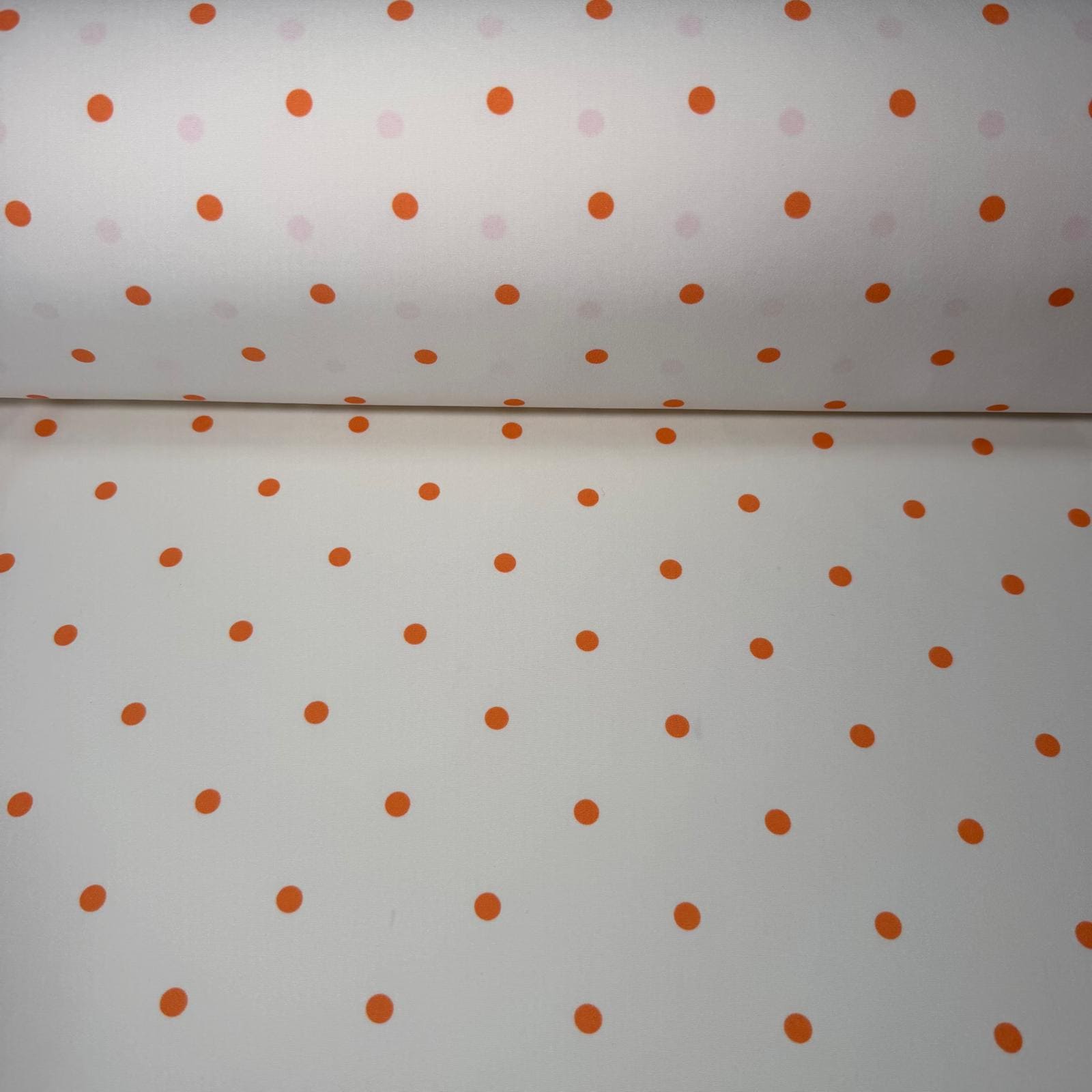 Bielástico Fino Lunares Mandarina 7mm sobre Fondo Crudo (Ancho 1,50M)