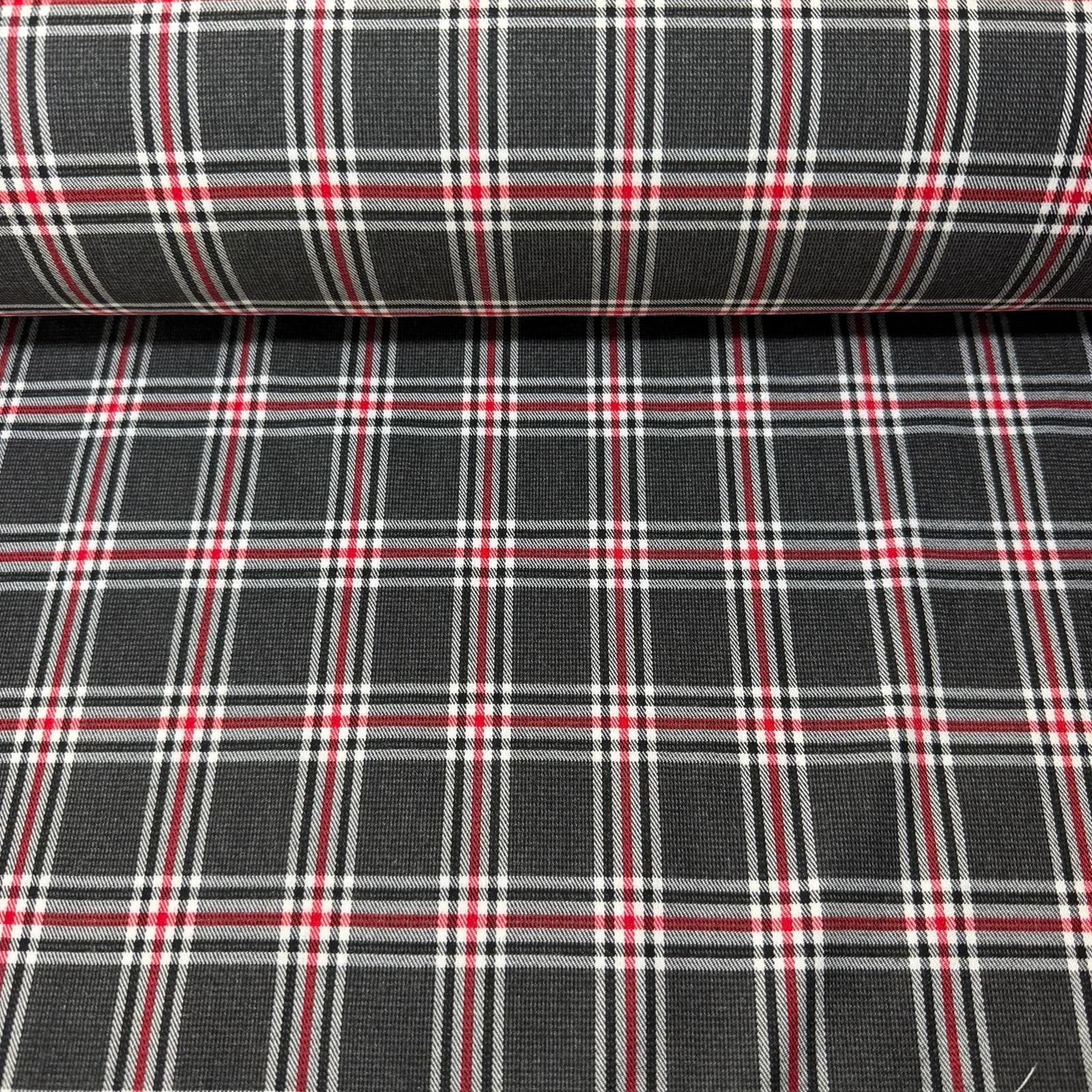 Tela de Cuadro Viscosa Pata de Gallo Fondo Negro Raya Roja (Ancho 1,50M)
