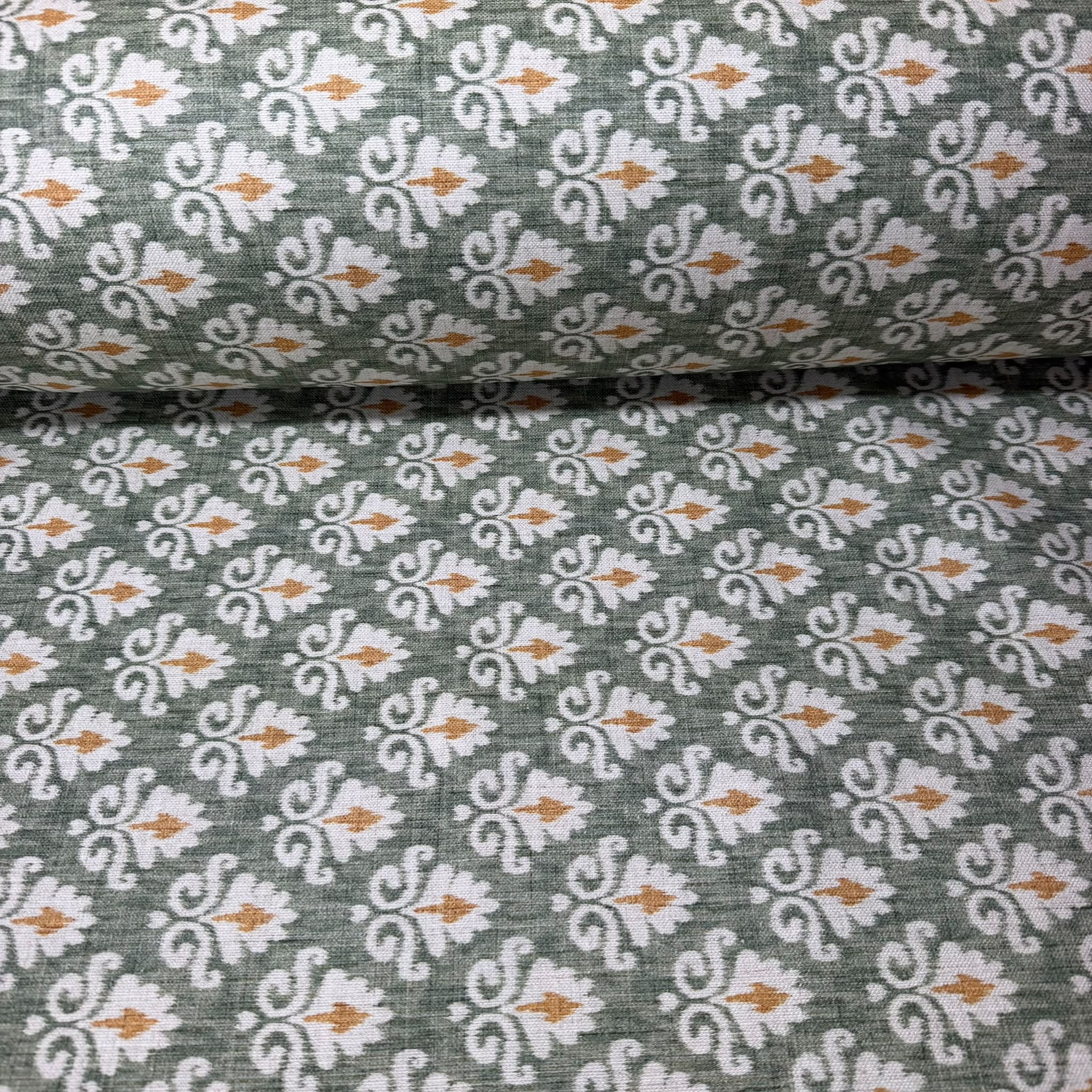 Tela de Half Panamá Verde Hoja con Flor Blanco Roto (Ancho 1,40M)