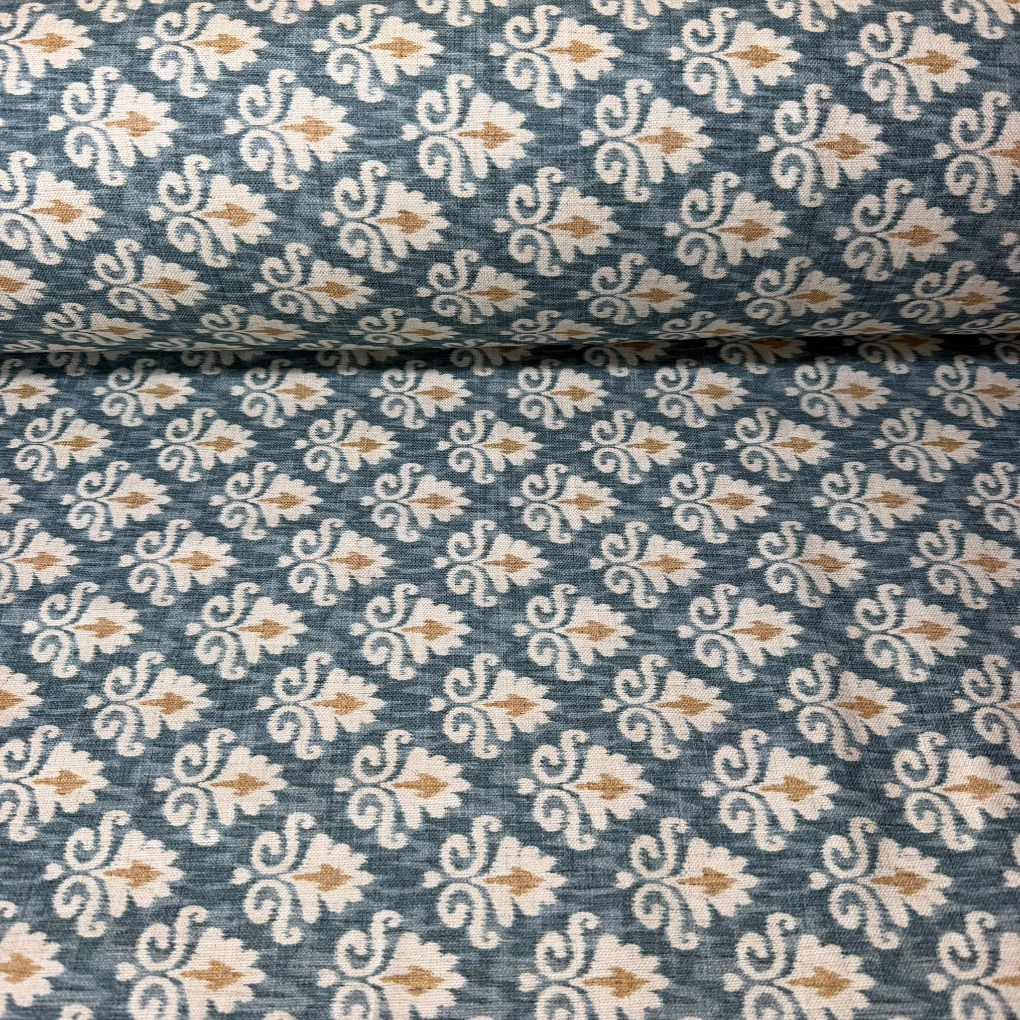 Tela de Half Panamá Turquesa Oscuro con Flor Blanco Roto (Ancho 1,40M)