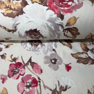 Tela de Half Panamá con Flor Blanca y Rosa sobre Fondo Crudo (Ancho 1,40M)