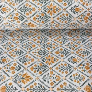 Tela de Loneta Estampada Floral Rombo Mostaza (Ancho 1,45M)