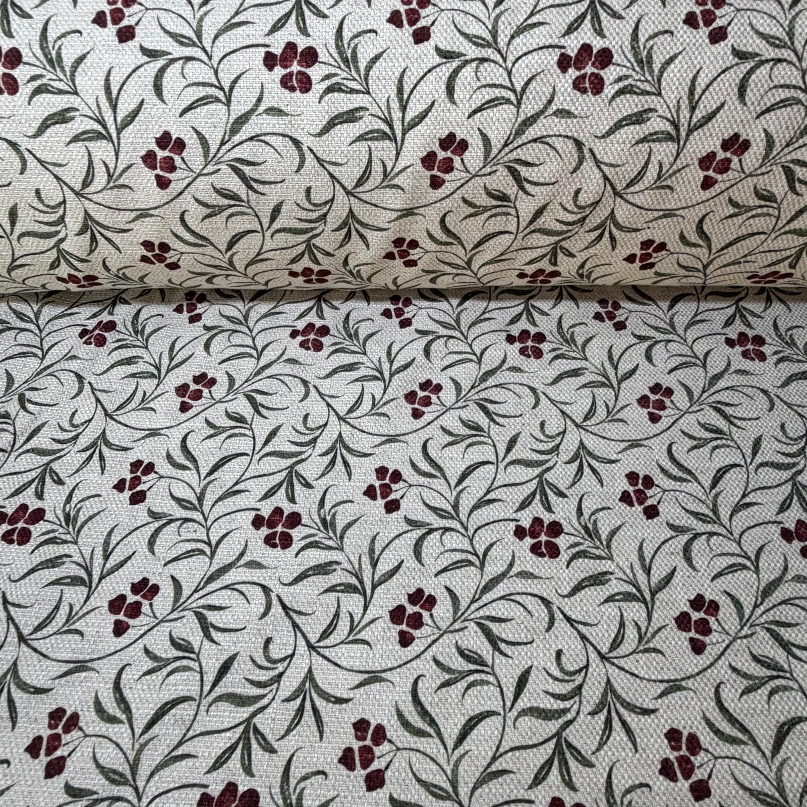 Tela de Half Panamá Lino Algodón Hojas y Bayas sobre Fondo Crudo (Ancho 2,80M)